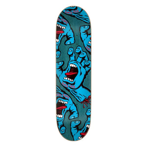 Santa Cruz Crowded Hand 8.25-inch teal skateboard deck with blue screaming hand graphics and red accents. - Longboards USA