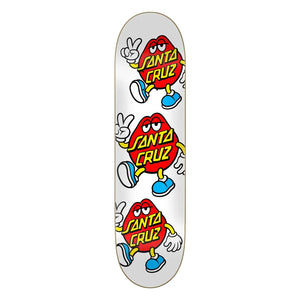 Santa Cruz Dot Guy 8.0-inch white skateboard deck with three red logo characters, peace signs and blue shoes. - Longboards USA