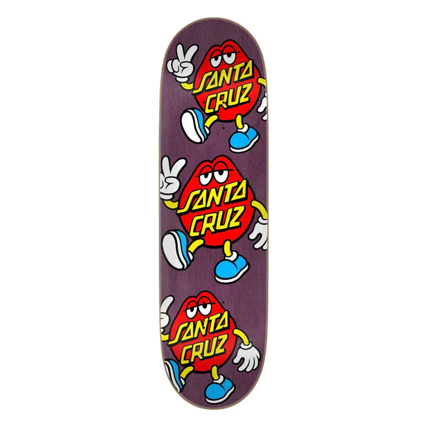 Santa Cruz Dot Guy 8.8-inch purple skateboard deck with three red logo characters, white gloves and blue shoes. - Longboards USA