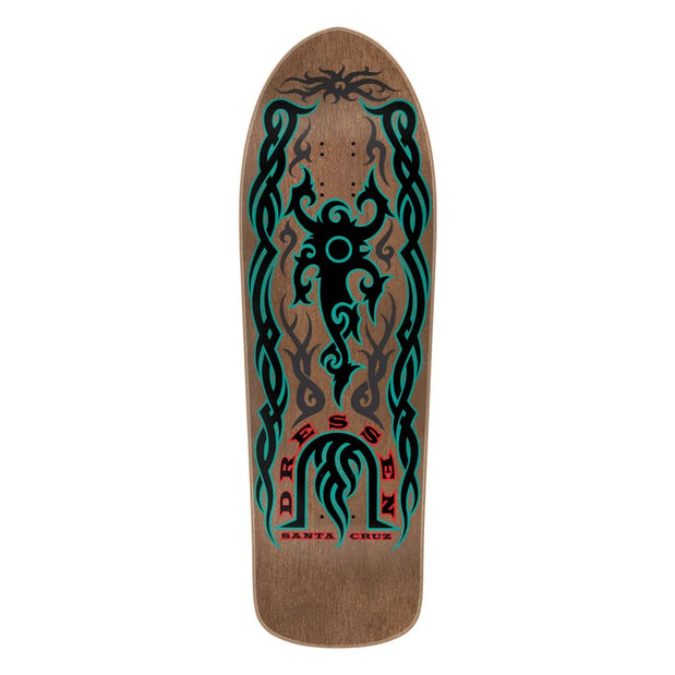 Santa Cruz Eric Dressen Tribal Reissue 9.9-inch brown skateboard deck with black and teal tribal graphics and red logo. - Longboards USA