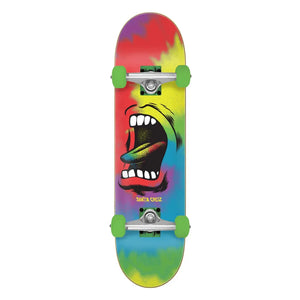Santa Cruz Full Big Mouth Tie Dye 8-inch skateboard with multicolor deck, screaming mouth graphic and green wheels. - Longboards USA