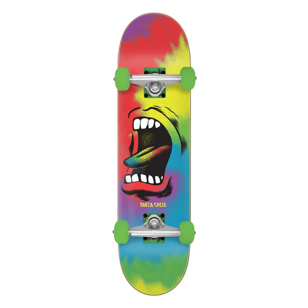 Santa Cruz Full Big Mouth Tie Dye 8-inch skateboard with multicolor deck, screaming mouth graphic and green wheels. - Longboards USA