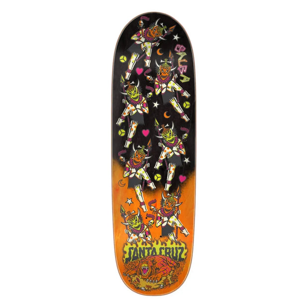 Santa Cruz Salba Firedance 8.8-inch egg skateboard deck in black and orange with dancing figures and tiger graphic. - Longboards USA