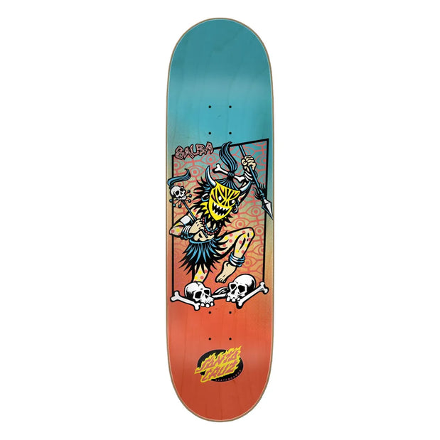 Santa Cruz Salba Voodoo Frame skateboard deck, teal and orange with a masked spear-wielding figure and skulls. - Longboards USA