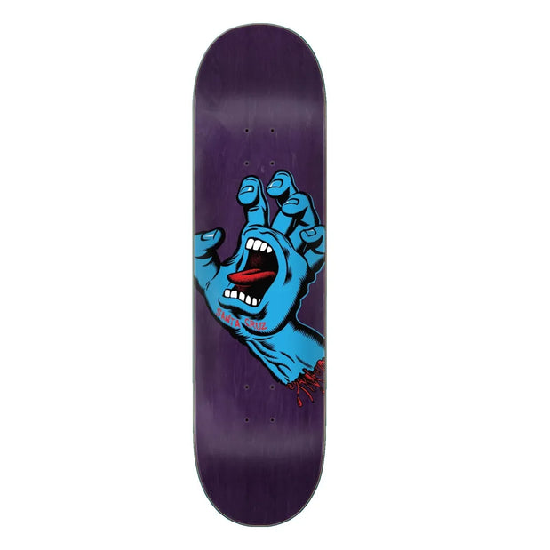 Santa Cruz Screaming Hand 8.375-inch skateboard deck in purple with a blue hand, open mouth and red tongue graphic. - Longboards USA