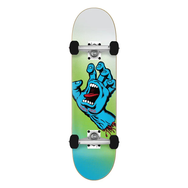 Santa Cruz 8.0 skateboard with green-to-blue fade, blue Screaming Hand graphic, black wheels and silver trucks. - Longboards USA