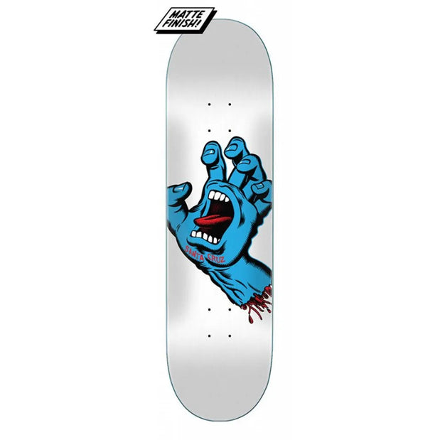 Santa Cruz Screaming Hand 8.25-inch white skateboard deck with a blue hand, open mouth and red tongue graphic. - Longboards USA