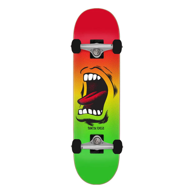Santa Cruz Screaming Mouth Full 8.0-inch skateboard with red-to-green deck, mouth graphic, black wheels and silver trucks. - Longboards USA