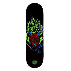 Santa Cruz x Stranger Things Hellfire Club 8.25-inch black skateboard deck with red horned demon and neon green flames. - Longboards USA