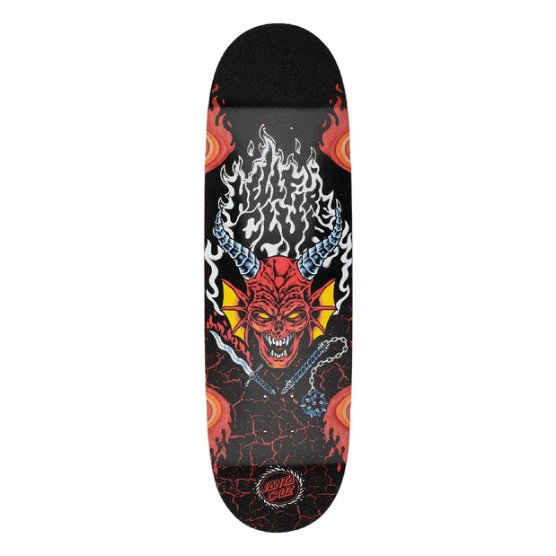 Santa Cruz x Stranger Things Hellfire Club 9-inch black skateboard deck with red demon, flames and crossed weapons. - Longboards USA
