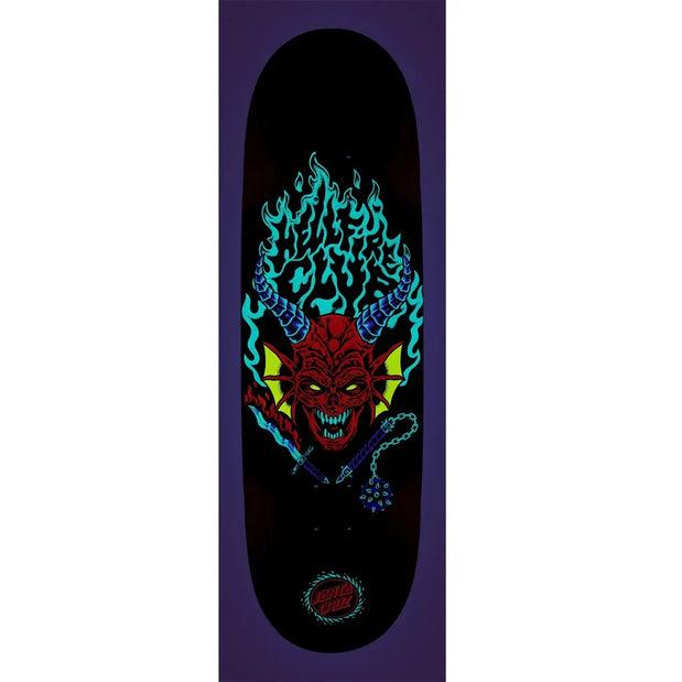 Black Santa Cruz x Stranger Things Hellfire Club 9-inch skateboard deck with a red horned demon and teal flames. - Longboards USA