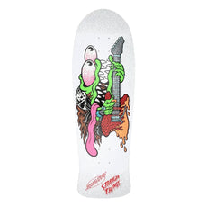 Santa Cruz x Stranger Things Meek Eddie Slasher Reveal white skateboard deck with a green monster playing guitar. - Longboards USA