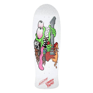 Santa Cruz x Stranger Things Meek Eddie Slasher Reveal white skateboard deck with a green monster playing guitar. - Longboards USA