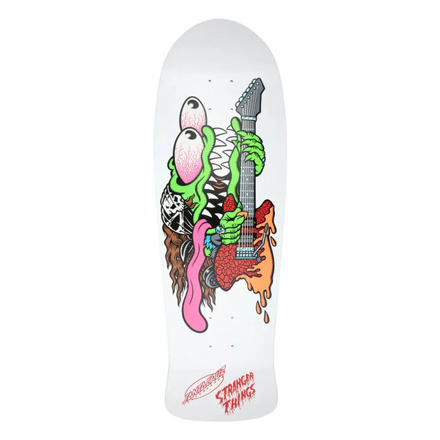 Santa Cruz x Stranger Things white skateboard deck with a green, bug-eyed monster playing a red guitar. - Longboards USA