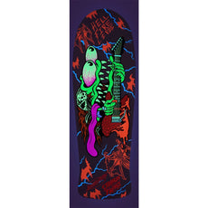 Santa Cruz x Stranger Things Eddie skateboard deck with neon green monster, guitar and red bats on dark purple. - Longboards USA