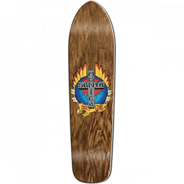 Santa Monica Airlines Stigmata 36.5-inch kicktail longboard deck in dark stain with colorful cross and flame graphic. - Longboards USA
