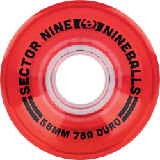 Sector 9 Nineballs 58mm 78A Watermelon skateboard wheel in translucent red with black lettering and a clear hub - Longboards USA