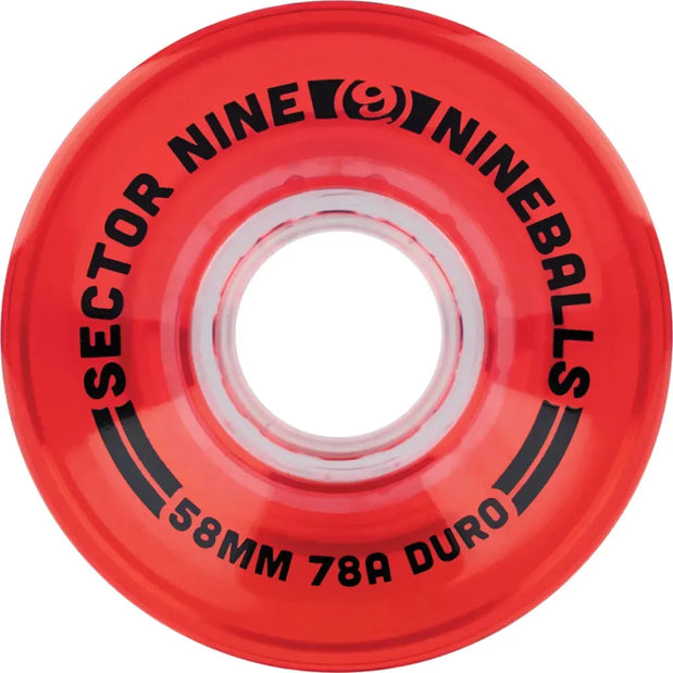 Sector 9 Nineballs 58mm 78A Watermelon skateboard wheel in translucent red with black lettering and a clear hub - Longboards USA