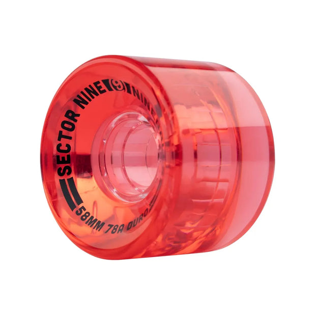 Translucent watermelon-red Sector 9 Nineballs skateboard wheel with black logo and 58mm 78A markings. - Longboards USA
