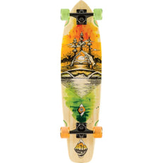 Sector 9 Odyssey Ft. Point kicktail longboard with natural wood deck, campsite art, black trucks and green and orange wheels. - Longboards USA