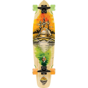 Sector 9 Odyssey Ft. Point kicktail longboard with natural wood deck, campsite art, black trucks and green and orange wheels. - Longboards USA