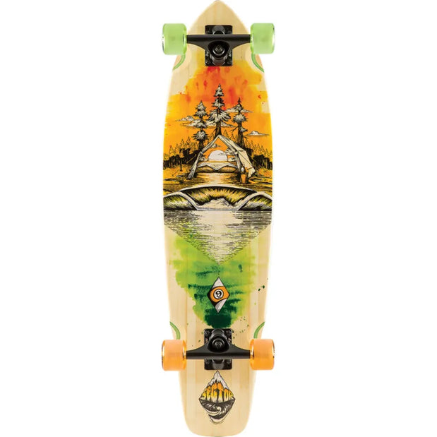 Sector 9 Odyssey Ft. Point kicktail longboard with natural wood deck, campsite art, black trucks and green and orange wheels. - Longboards USA