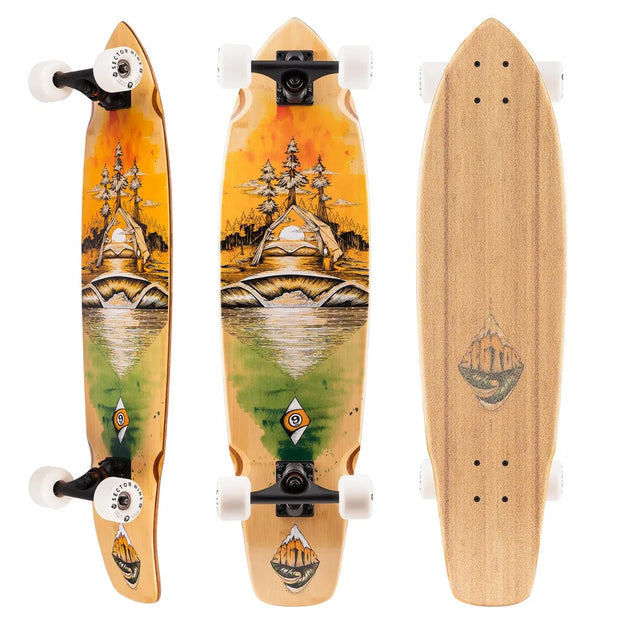 Sector 9 Odyssey Ft. Point 34-inch kicktail longboard with natural wood deck, camp graphic and white wheels. - Longboards USA