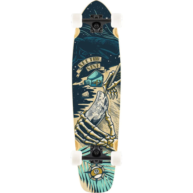 Sector 9 Strand Cast Away 34-inch kicktail longboard with navy skeleton-hand graphic, black trucks and white wheels. - Longboards USA