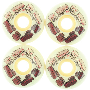 Set of four Toy Machine Fists Colors C-Line 54mm white skateboard wheels with red and brown fist graphics. - Longboards USA
