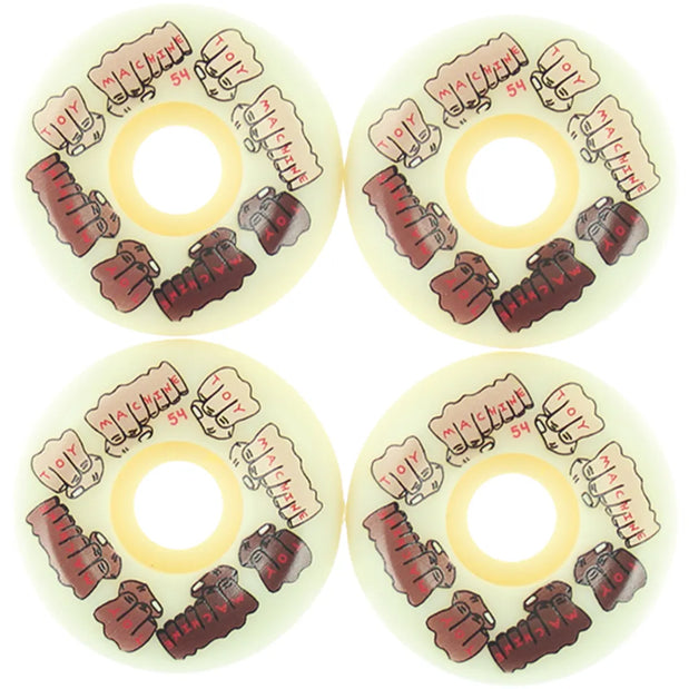 Set of four Toy Machine Fists Colors C-Line 54mm white skateboard wheels with red and brown fist graphics. - Longboards USA