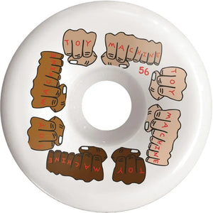Toy Machine Fists Colors C-Line 56mm white skateboard wheel with multitone fist graphics and red lettering. - Longboards USA