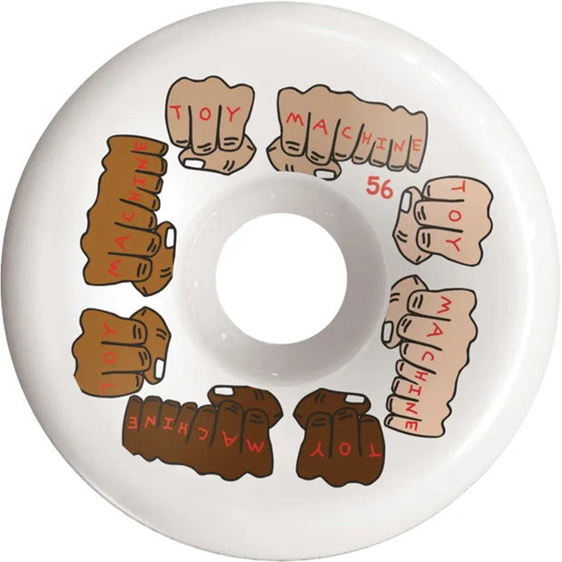 Toy Machine Fists Colors C-Line 56mm white skateboard wheel with multitone fist graphics and red lettering. - Longboards USA