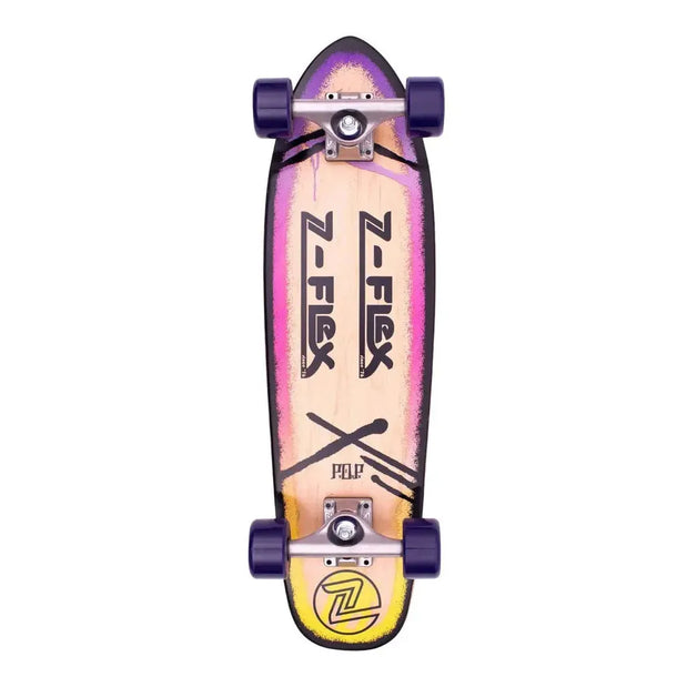 Z-Flex P.O.P Purple Fade 27-inch cruiser underside with purple wheels, silver trucks, gradient deck and black logos. - Longboards USA