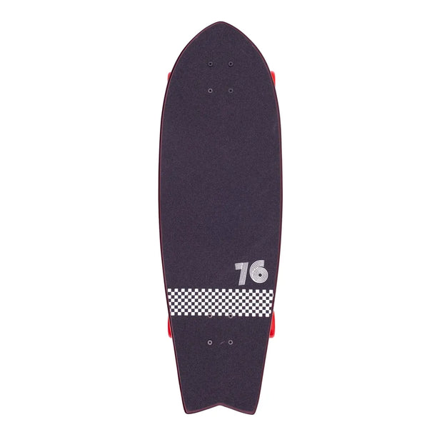 Z-Flex Surf-A-Gogo 31-inch surfskate cruiser with black grip deck, fishtail, white checker stripe, 76 graphic and red wheels. - Longboards USA