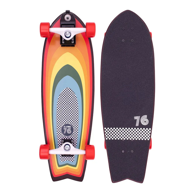Z-Flex Surf-A-Gogo 31-inch fishtail surfskate cruiser, shown top and bottom with black grip, rainbow stripes and red wheels. - Longboards USA