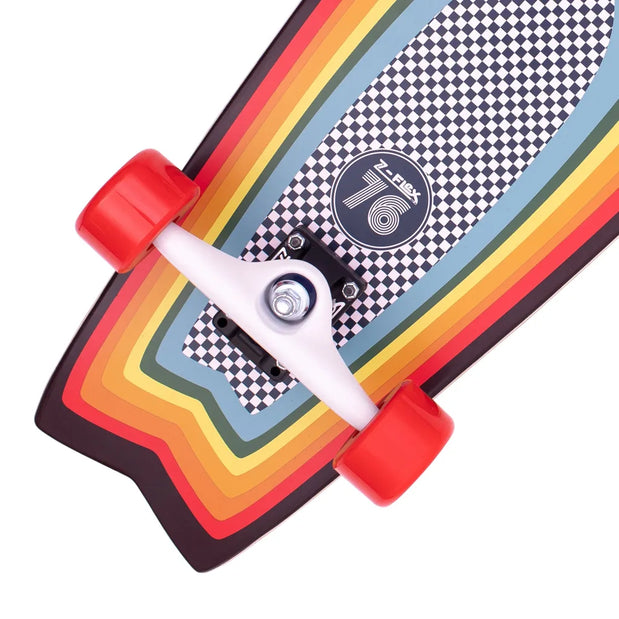 Z-Flex Surf-A-Gogo 31-inch surfskate cruiser with rainbow stripes, checkerboard panel, white truck and red wheels. - Longboards USA