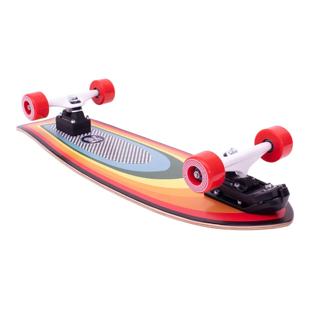 Z-Flex Surf-A-Gogo 31-inch surfskate cruiser with rainbow-striped deck, red wheels, white trucks and black mounts. - Longboards USA