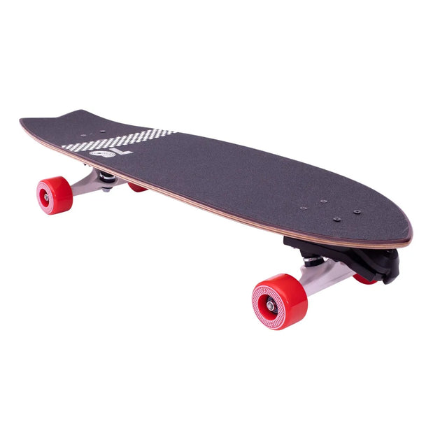 Z-Flex Surf-A-Gogo 31-inch surfskate cruiser longboard with black grip deck, fishtail, silver trucks and red wheels. - Longboards USA