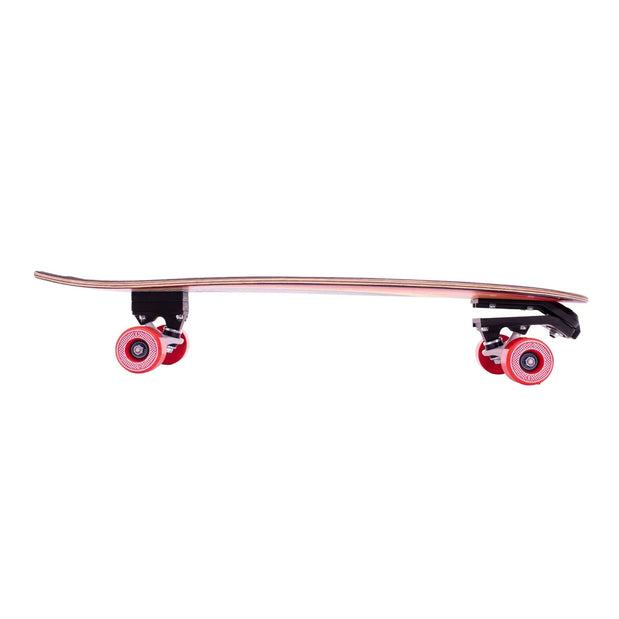 Side view of Z-Flex Surf-A-Gogo 31-inch surfskate cruiser with natural wood deck, black trucks and red wheels. - Longboards USA