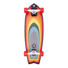 Z-Flex Surf-A-Gogo 31-inch black fishtail surfskate cruiser with rainbow stripes, checkerboard graphic and red wheels. - Longboards USA