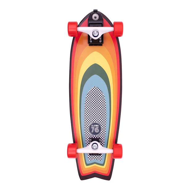 Z-Flex Surf-A-Gogo 31-inch black fishtail surfskate cruiser with rainbow stripes, checkerboard graphic and red wheels. - Longboards USA