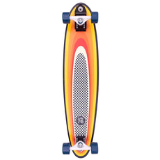 Z-Flex Surf-a-gogo Log Roll longboard with orange-yellow deck, checker stripe, white trucks and blue wheels - Longboards USA