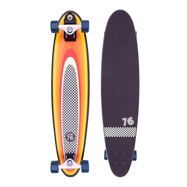 Z-Flex Surf-a-gogo 37-inch longboard, top and bottom views with orange stripes, black grip and checkerboard graphics - Longboards USA