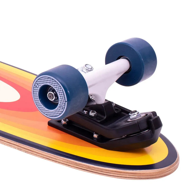 Close-up of Z-Flex Surf-a-gogo 37-inch longboard with orange and yellow stripes, blue wheels and a white truck. - Longboards USA
