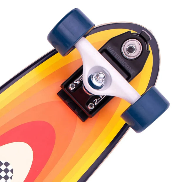 Close-up of Z-Flex Surf-a-gogo Surfskate Log Roll 37-inch longboard with orange striped deck, blue wheels and white truck. - Longboards USA