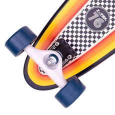 Z-Flex Surf-a-gogo Log Roll longboard with orange-yellow stripes, checkerboard graphic, white truck and blue wheels. - Longboards USA