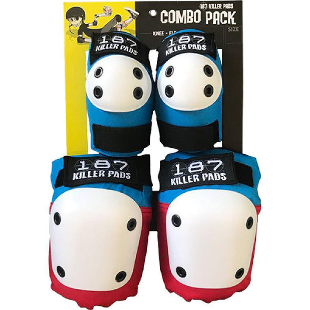 187 Killer Pads Combo Pack Knee/Elbow Pad XS Red/White/Blue Skateboard Set - Longboards USA
