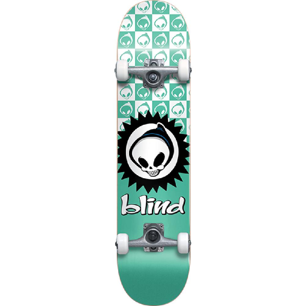 Blind Teal Checkered Reaper Youth First Push 7.37 Skateboard - Longboards USA
