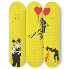 Kissing Coppers, Girl Sitting On A Swing of Red Heart Balloon and Love Sick Banksy Graffitis | Skateboard Wall Art | Home Decor | Wall Decor - Longboards USA