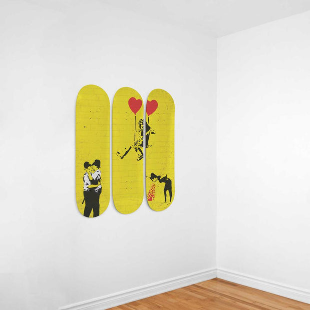 Kissing Coppers, Girl Sitting On A Swing of Red Heart Balloon and Love Sick Banksy Graffitis | Skateboard Wall Art | Home Decor | Wall Decor - Longboards USA
